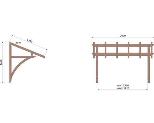 Technische Zeichnung einer Pergola mit Maßangaben