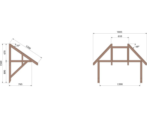 Technische Zeichnung einer Holzkonstruktion mit Maßangaben