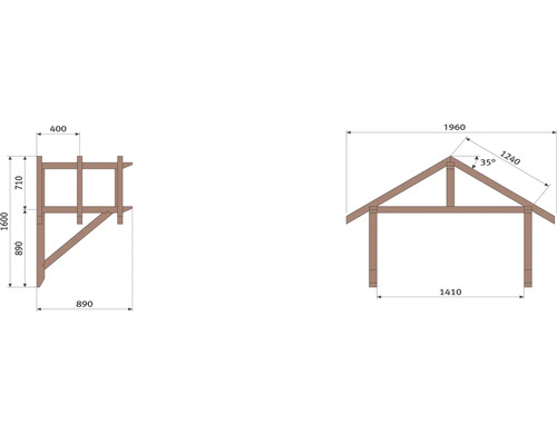 Technische Zeichnung eines Holzgeräteschuppens mit Maßangaben
