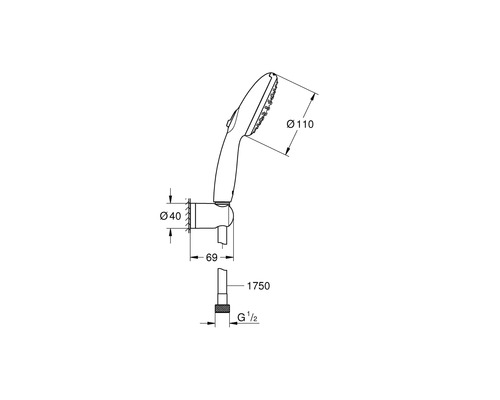 Technische Zeichnung einer Handbrause mit Maßangaben