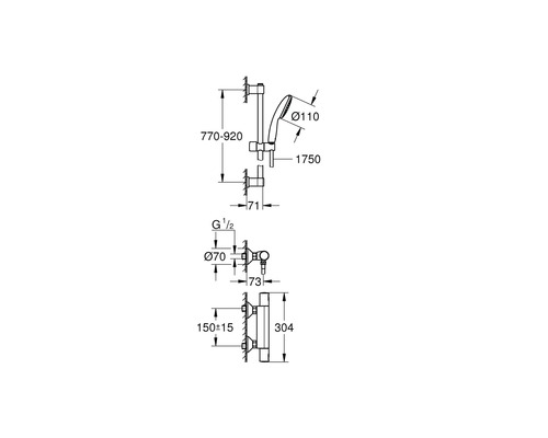 Technische Zeichnung einer Duschgarnitur mit Maßangaben