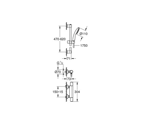 Technische Zeichnung eines Duschsets mit Maßangaben