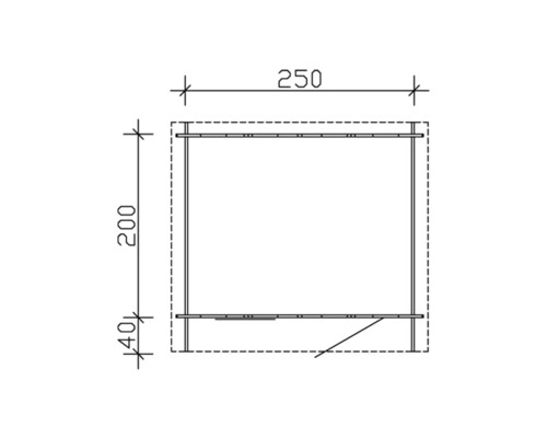Technische Zeichnung einer Gartenbox mit den Maßen 250 x 200 x 40 cm