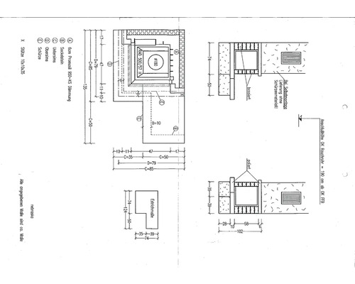 Technische Zeichnung eines Schornsteins mit Maßen