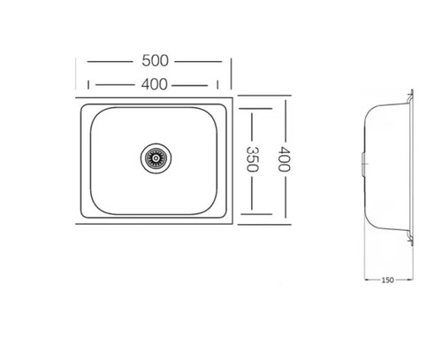 Technische Zeichnung einer Spüle mit Maßangaben
