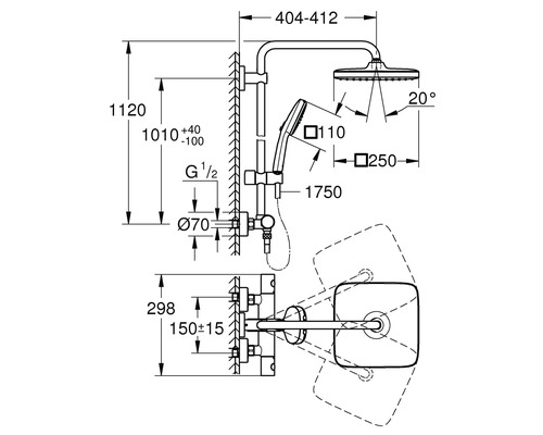 Technische Zeichnung eines Duschsystems mit Handbrause und Kopfbrause mit Maßangaben.