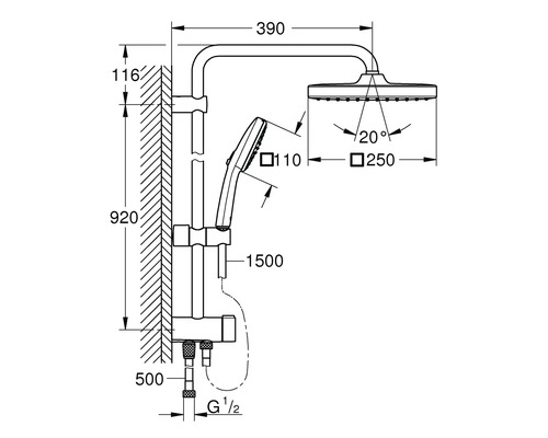 Technische Zeichnung eines Duschsystems mit Handbrause und Kopfbrause inklusive Maßangaben.