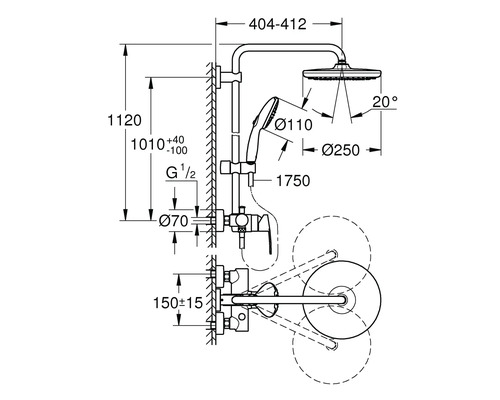 Technische Zeichnung des Duschsystems mit Maßangaben