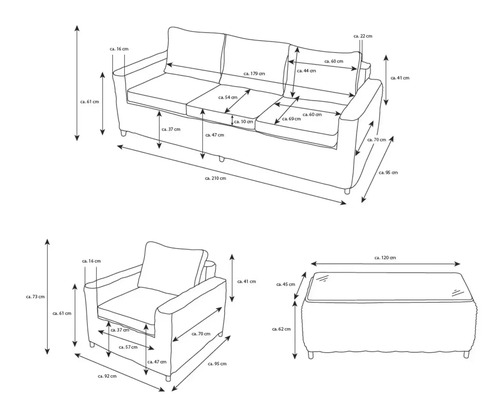 Maße von Sofa, Sessel und Hocker