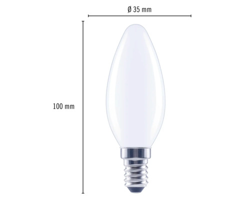 Kerzenlampe mit E14 Sockel, 100 Millimeter hoch und 35 Millimeter Durchmesser