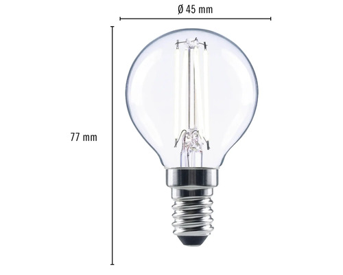 LED Lampe mit E14 Sockel, 45 Millimeter Durchmesser und 77 Millimeter Höhe