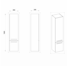 Technische Zeichnung eines Hochschranks mit den Maßen 350 x 330 x 1500 mm