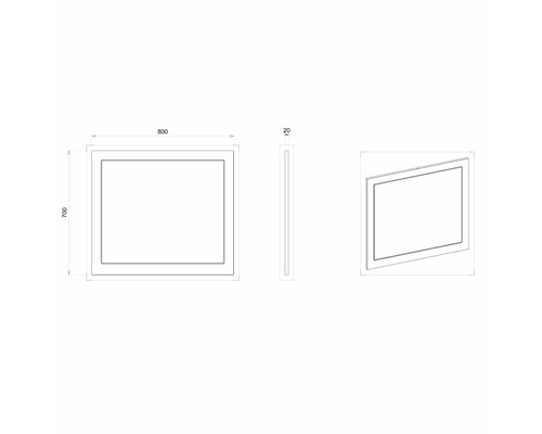 Technische Zeichnung eines Spiegels mit den Maßen 800 x 700 x 20 mm.