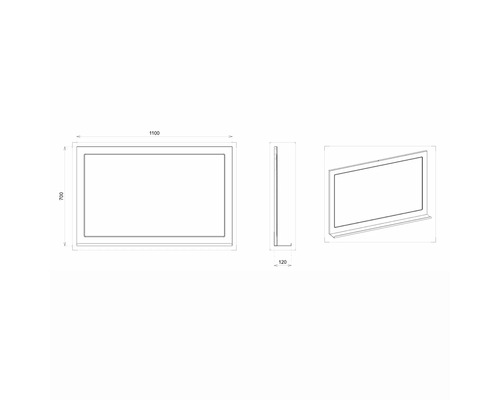 Technische Zeichnung eines rechteckigen Spiegels mit den Maßen 1100 x 700 x 120 Millimeter.