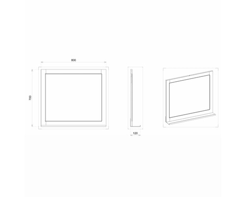 Technische Zeichnung eines Spiegels mit den Maßen 800 x 700 x 120 Millimeter