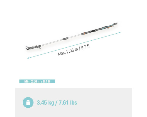 Ausziehbarer Hochentaster mit einer Länge von maximal 2,96 Meter und einem Gewicht von 3,45 Kilogramm.