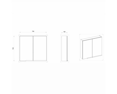 Technische Zeichnung eines Badezimmer-Spiegelschranks mit Abmessungen