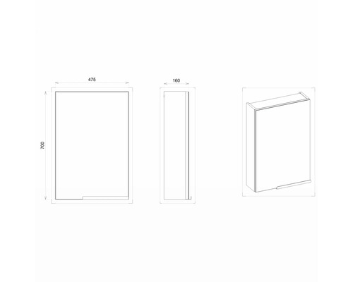 Technische Zeichnung eines Badezimmerschranks mit den Maßen 475 x 700 x 160 mm