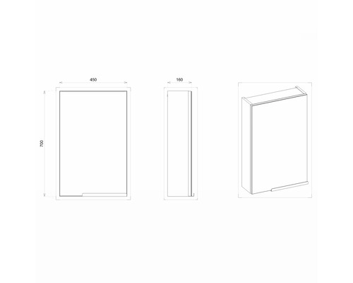Zeichnung eines Badezimmerschranks mit den Maßen 450 x 700 x 160 Millimeter.