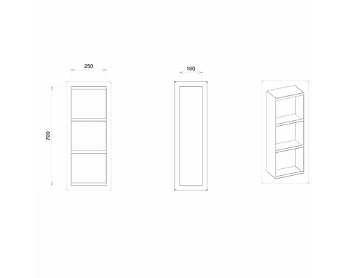 Technische Zeichnung eines Regals mit drei Fächern und Maßangaben.