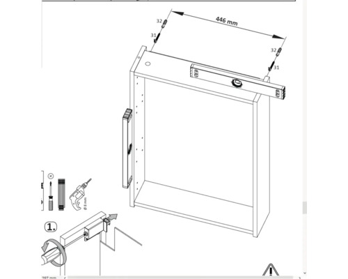 Illustration eines Schubladenelements mit Maßangaben und Montagehinweisen.