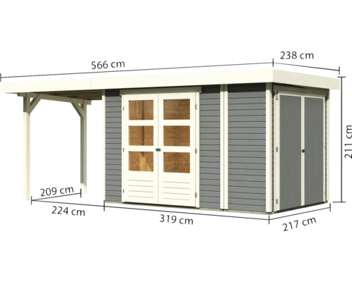 Gartenhaus mit Doppeltür und Vordach mit Maßangaben