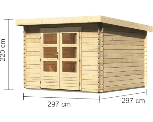 Holzgartenhaus mit Doppeltür und Maßangaben 297 cm mal 297 cm mal 220 cm
