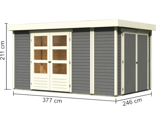 Gartenhaus mit Doppeltür, Fenstern und den Maßen 377 x 246 x 211 cm
