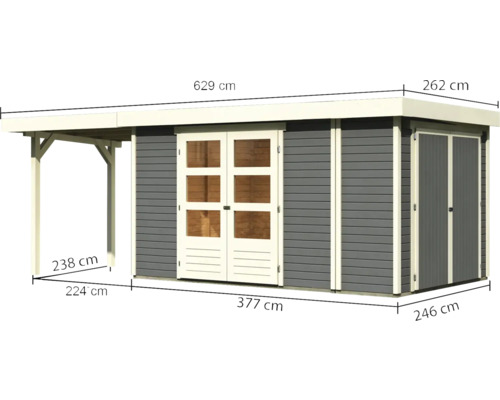 Abbildung eines Gartenhauses mit Vordach und Maßangaben