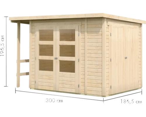 Holzgartenhaus mit Vordach, Fenster und den Maßen 300 cm x 186,5 cm x 196,5 cm