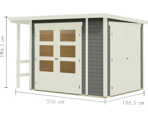 Gartenhaus aus Holz mit Doppeltür und seitlicher Überdachung, Maße 300 x 186,5 x 196,5 cm