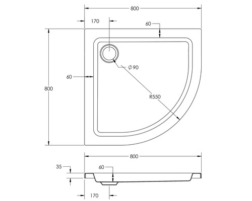 Technische Zeichnung einer Duschwanne mit Maßangaben