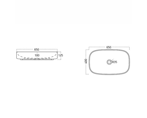 Technische Zeichnung eines Aufsatzwaschbeckens mit Maßangaben