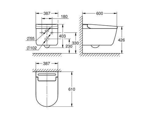 Technische Zeichnung eines Wand-WCs mit Maßangaben