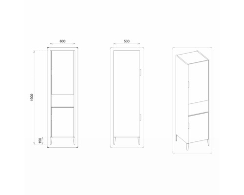 Technische Zeichnung eines Hochschranks mit Abmessungen