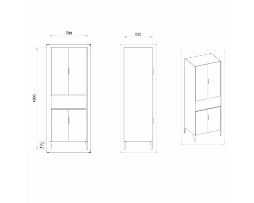 Technische Zeichnung eines Schranks mit Maßen.