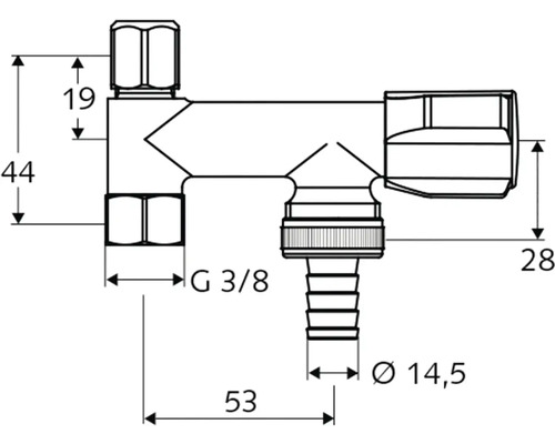 Technische Zeichnung eines Wasserhahns mit Maßangaben