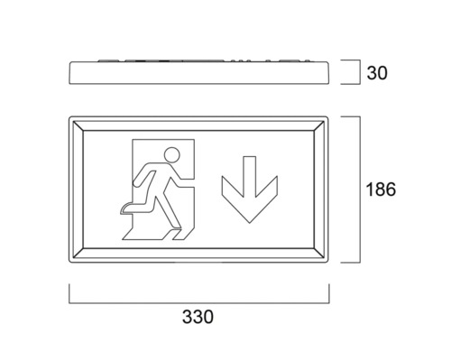 Technische Zeichnung einer Notausgangsleuchte mit Maßen.