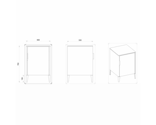 Technische Zeichnung eines Badezimmerschranks mit Maßen