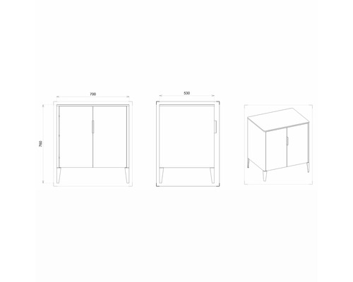 Technische Zeichnung eines Unterschranks mit Maßen