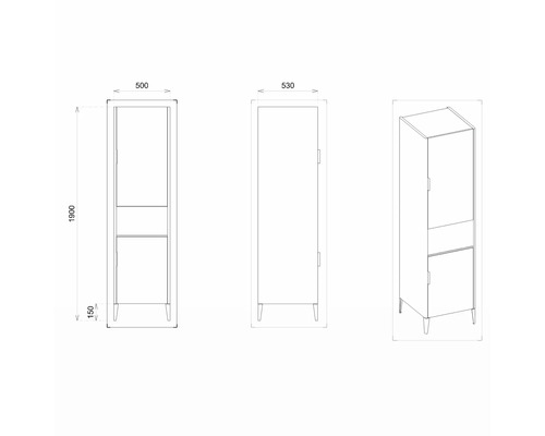 Technische Zeichnung eines Hochschranks mit Maßen.