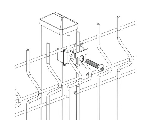 Illustration eines Zauns mit Pfosten, Befestigungsklammer und Schraube