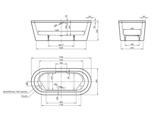 Technische Zeichnung einer Badewanne mit Maßangaben