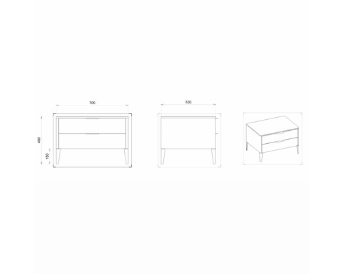 Skizze eines Waschtischunterschranks mit Abmessungen