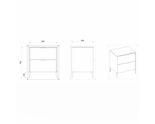 Technische Zeichnung eines Waschtischunterschranks mit zwei Schubladen und Maßen.