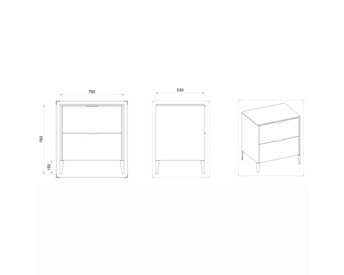 Zeichnung eines Waschtischunterschranks mit Maßangaben.