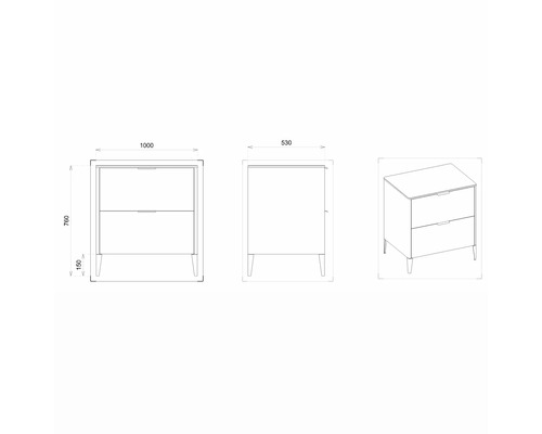 Technische Zeichnung eines Waschtischunterschranks mit zwei Schubladen und Maßangaben.