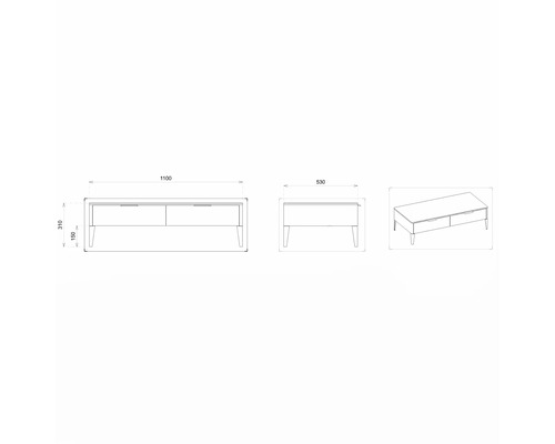 Technische Zeichnung eines TV-Möbels mit Schubladen und Maßen.