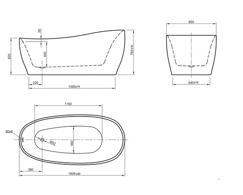 Technische Zeichnung einer freistehenden Badewanne mit Maßangaben.