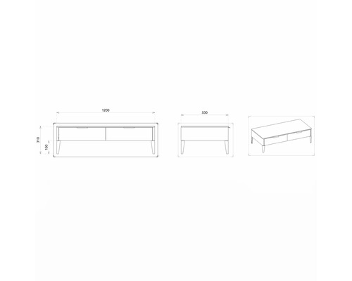 Technische Zeichnung eines TV-Möbels mit zwei Schubladen und den Maßen 1200 x 530 x 310 Millimeter.
